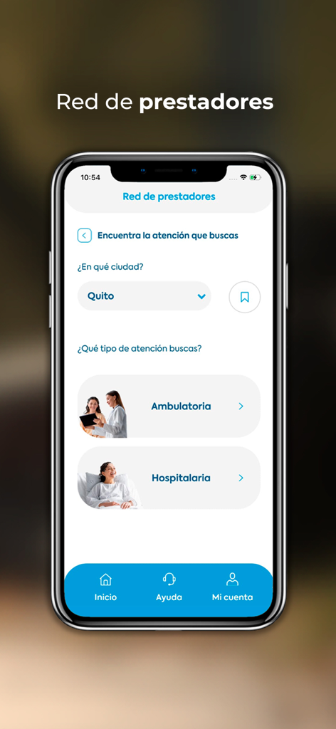 Mi Humana - Interface of Mi Humana app showing search options for medical providers in Ecuador
