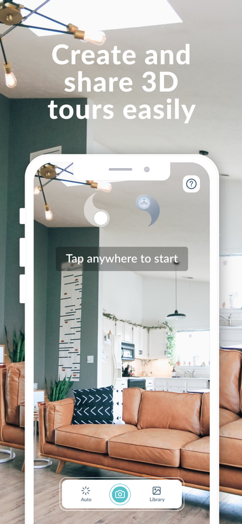 モダンなリビングルームとキッチンの3Dバーチャルツアー作成プロセスを示すCloudPanoアプリのインターフェイス。