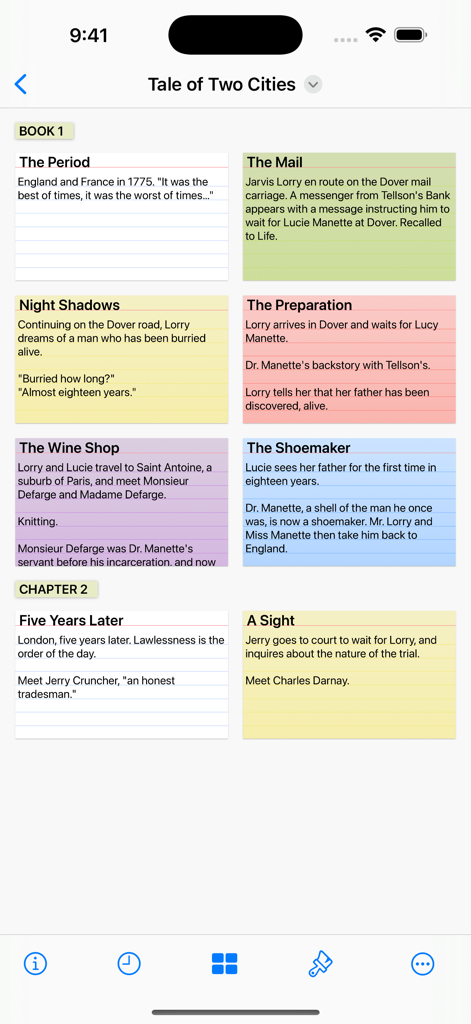 Storyist 4 - Storyist 4 mobile app interface showing a digital corkboard with color coded index cards for a story outline