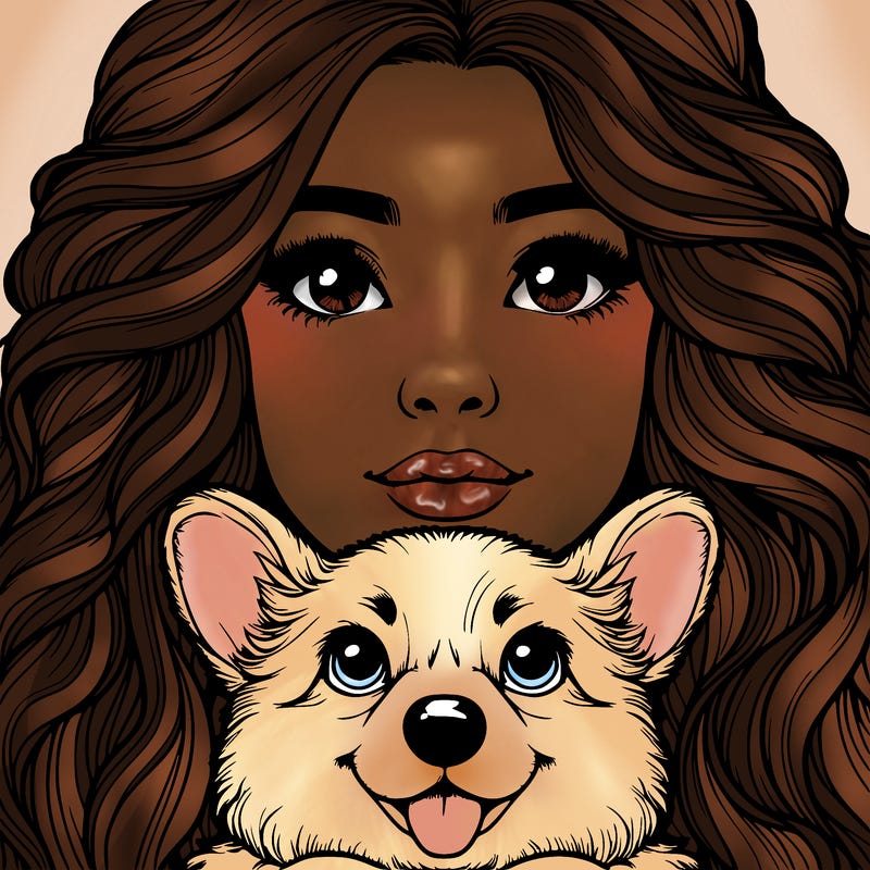 realistic girl face with a nose and wavy hair and a corgi dog in her arms