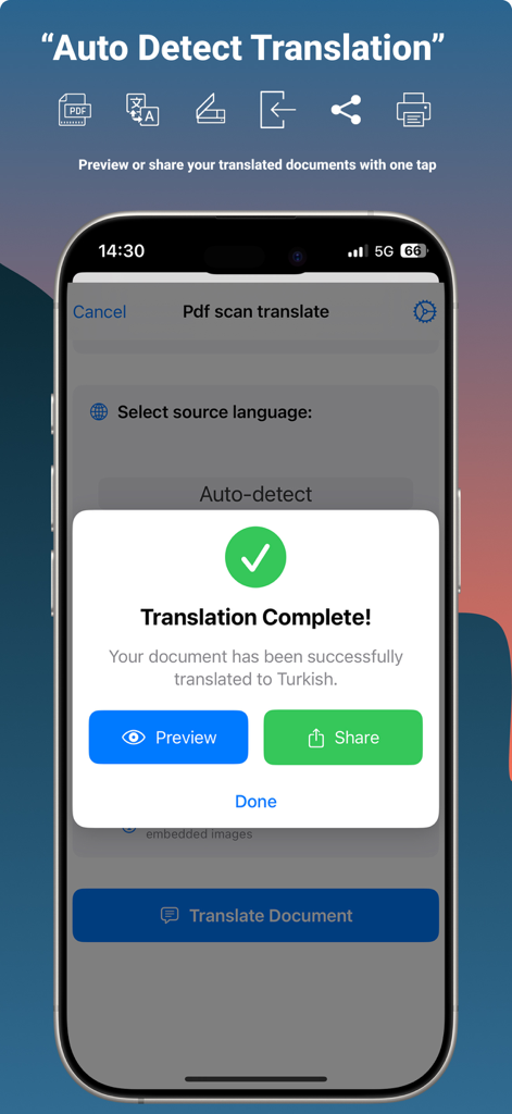 Pdf scan translate - Una pantalla de smartphone que muestra una traducción de PDF exitosa con opciones para previsualizar o compartir el documento