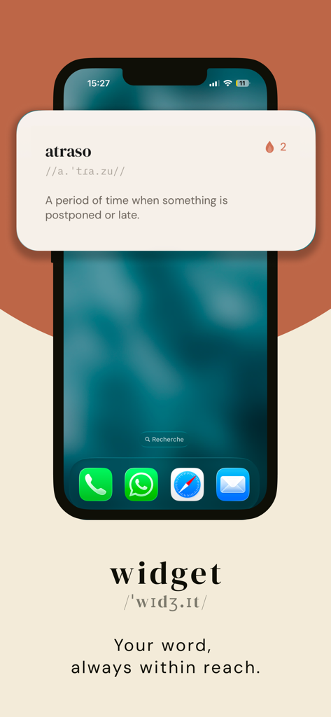 myw - Daily Vocabulary - Widget de pantalla de inicio de iPhone que muestra la definición y pronunciación de una palabra de vocabulario diario.