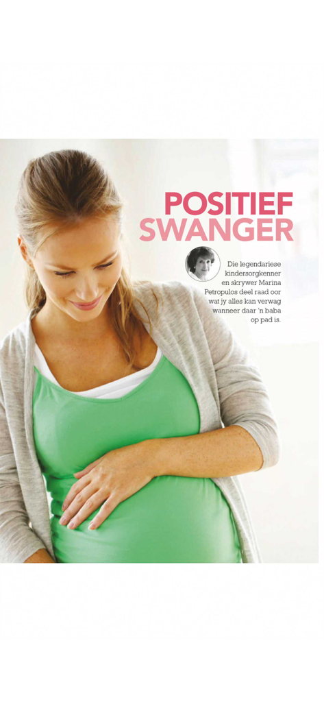 A smiling pregnant woman looking down at her belly in an Afrikaans parenting magazine article titled Positief Swanger