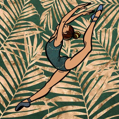 gymnast doing a leap in a leotard with a bent back leg