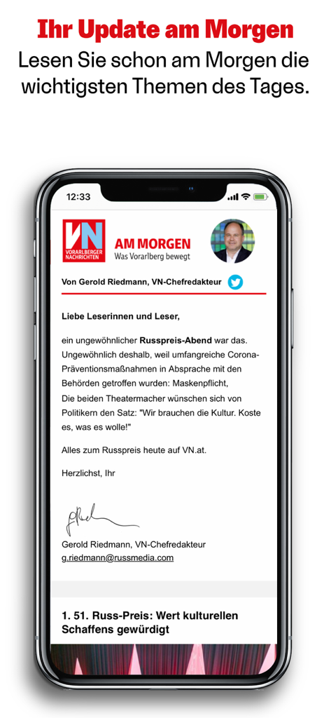 VN Vorarlberger Nachrichten app morning news briefing screen