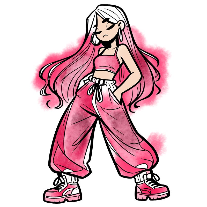 girl in baggy pants crop top and long hair