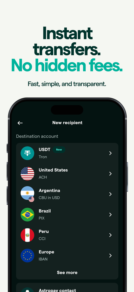 AstroPay - Global Wallet - AstroPay mobile app interface showing international transfer destination options including United States Argentina Brazil and Europe