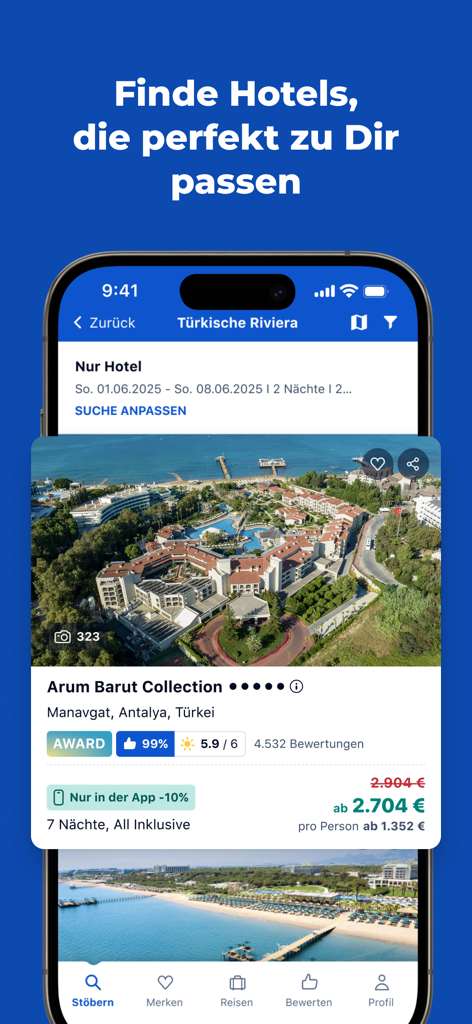 HolidayCheck - Travel & Hotels - Pantalla móvil de la aplicación HolidayCheck mostrando un listado de hotel en Antalya, Turquía, con calificaciones y precios verificados.