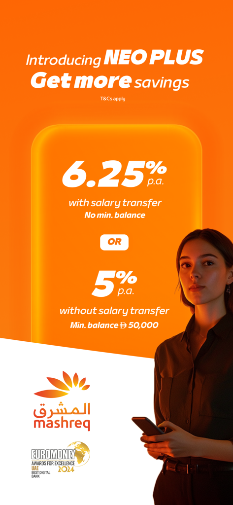 Mashreq UAE Neo Plus promotional screen showing high-yield interest rates and the 2024 Best Digital Bank award.