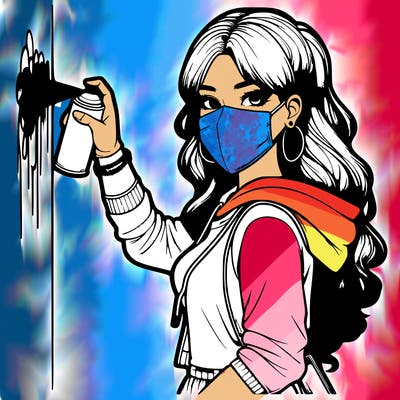 realistic girl with mask spray painting a wall