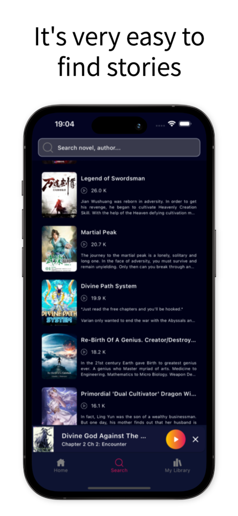 NovelFull Audio - NovelFull Audio search interface displaying a list of popular Chinese web novels like Legend of Swordsman and Martial Peak.