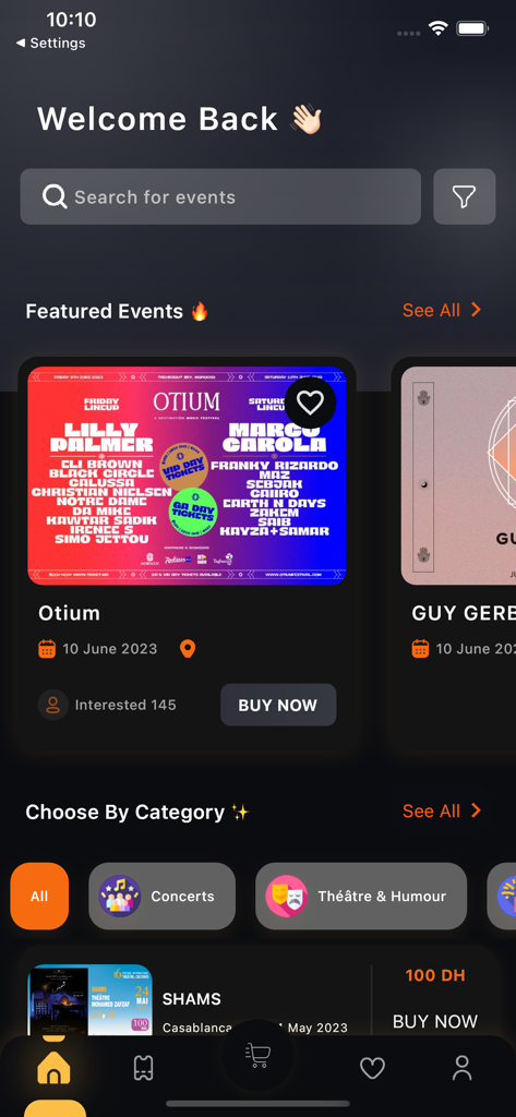 Ticket.ma - L'écran d'accueil de l'application mobile Ticket.ma affichant des événements musicaux en vedette comme Otium et diverses catégories d'événements.