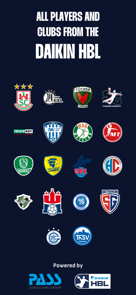 Logos of all official handball clubs from the DAIKIN HBL in the START7 app