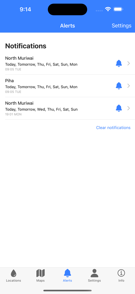 SwellMap Surf - SwellMap Surf app alerts screen displaying surf condition notifications for North Muriwai and Piha