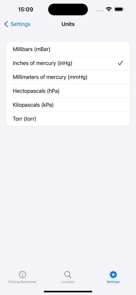 Units settings screen showing atmospheric pressure measurement options