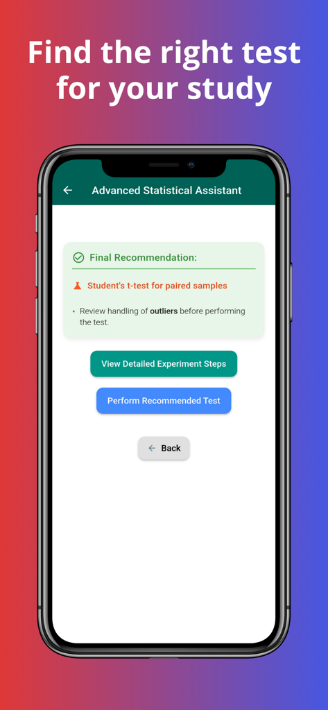 SAPO: AI Statistical assistant - A mobile app screen from SAPO showing an AI recommendation for a paired samples t-test with options to view steps or perform the test.