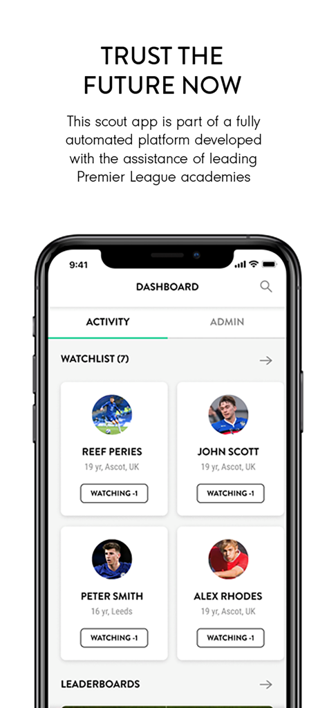 aiScout - Scout - Dashboard of the aiScout app showing a watchlist of soccer player profiles