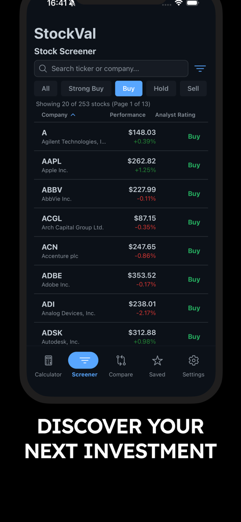 StockVal AI: Fair Value Stocks - StockVal AI stock screener interface showing a list of stocks with performance and analyst ratings