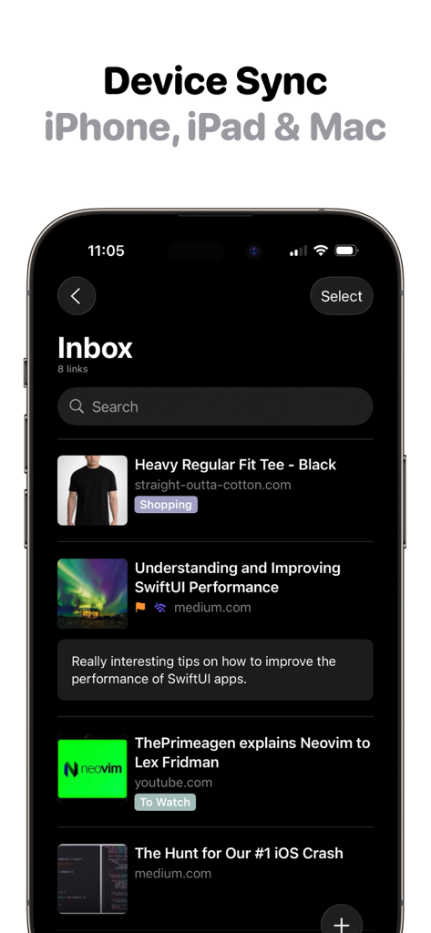 Later | Save Links, Read Later - Later app inbox screen on iPhone showcasing device synchronization and saved links with tags and notes.