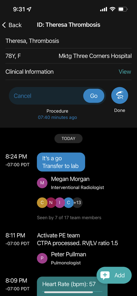 RapidAI mobile app interface showing a secure clinical chat and case management timeline for a medical team.