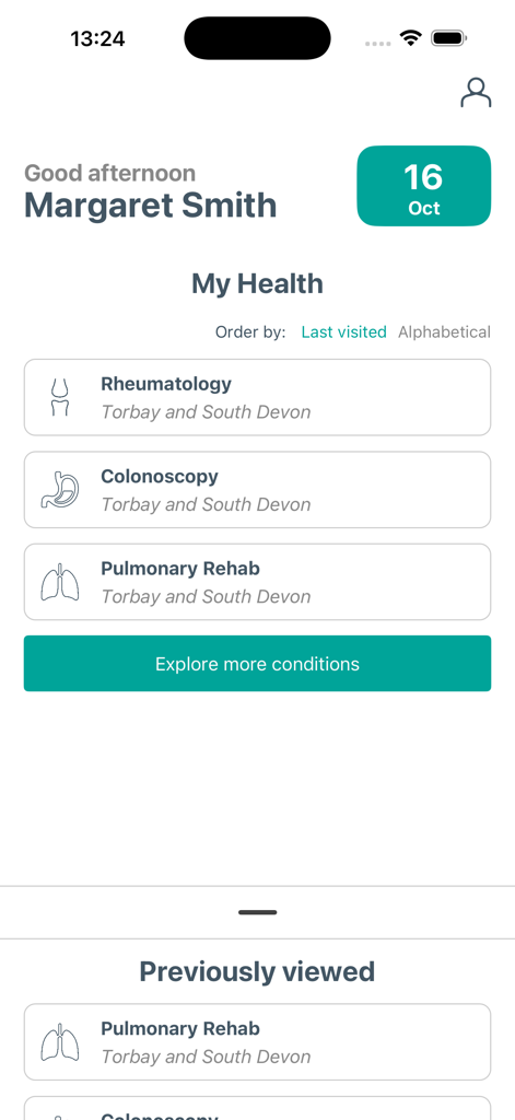 CONNECTPlus - CONNECTPlus app dashboard displaying patient health conditions and medical center information