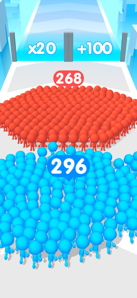 Eine blaue Stickmen-Menge von 296 kämpft gegen eine rote Menge von 268 in einem Runner-Spiel.