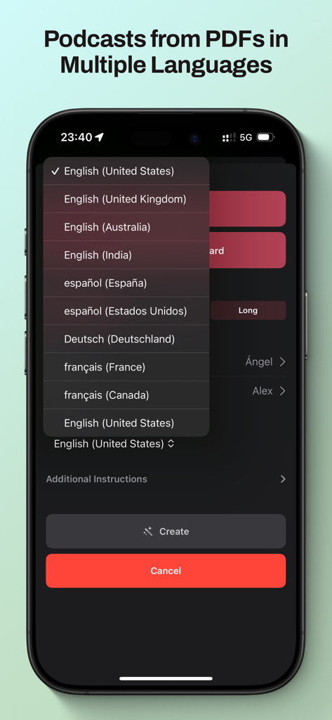 iPhone screen showing a list of available languages for creating AI podcasts from study materials in Studybreak