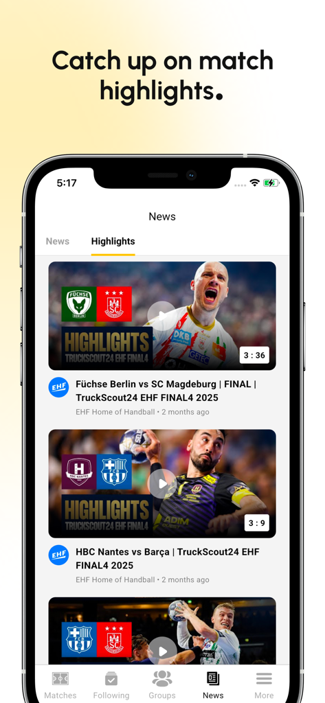 Handball Hub app interface showing video highlights of professional handball matches