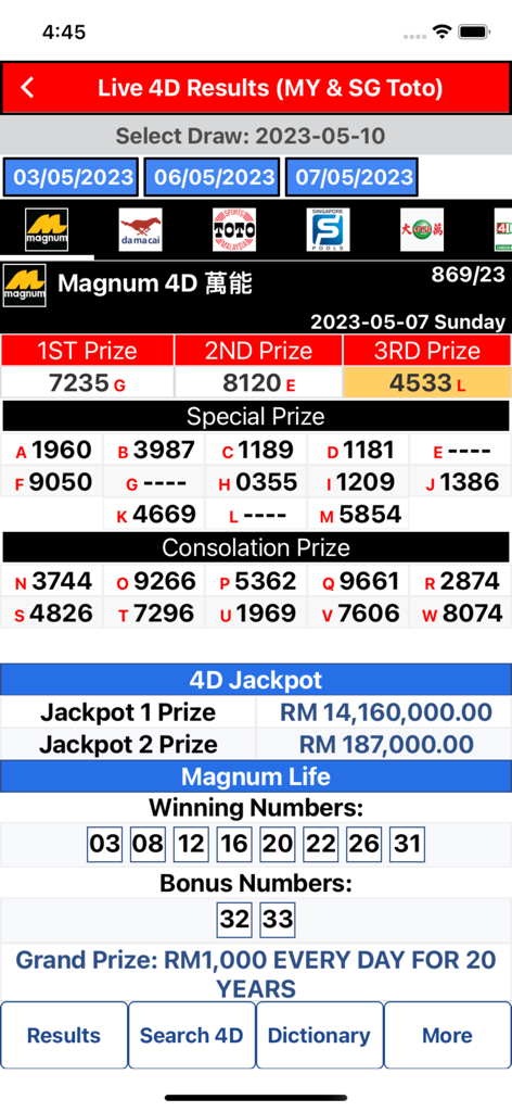 L'application mobile Live 4D Results affiche les résultats de la loterie Magnum 4D et les montants des jackpots