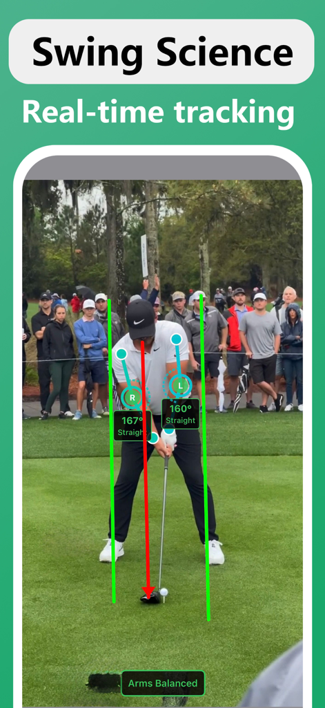 SwingAi app interface showing real-time AI tracking of a golfer swing with biomechanical overlays and angle measurements