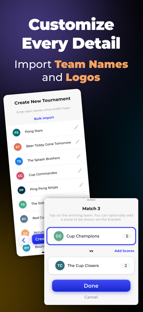 Interfaz de aplicación móvil para personalizar equipos de torneo y actualizar resultados de partidos.