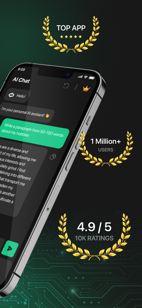 Chat AI Chatbot Assistant - Chat AI app screenshot showing a 4.9 star rating and over one million users