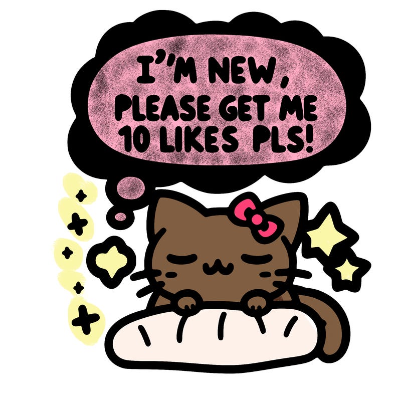 kitty taking a nap dream talking and saying "i'm new, please get me at least 10 likes pls!!"