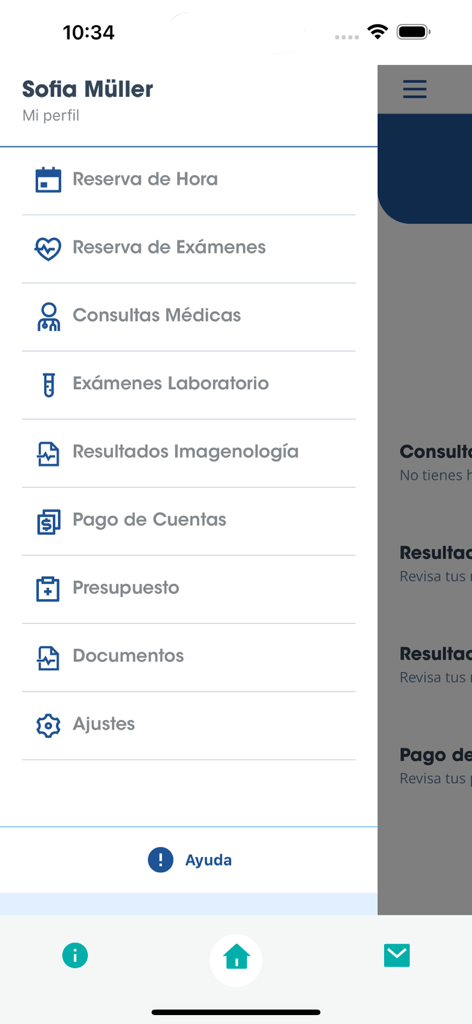 Clínica Biobío - Clinica Biobio mobile app side menu listing healthcare services and options