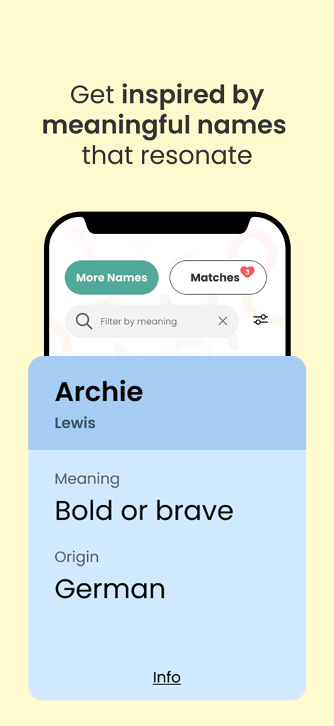 Baby Name Match - Benutzeroberfläche der Baby Name Match App, die Bedeutung und Herkunft des Namens Archie anzeigt.