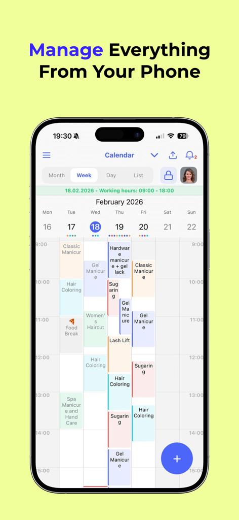 tobook.link: Booking System - Mobile app interface showing a weekly calendar with multiple scheduled service appointments including hair coloring and manicures