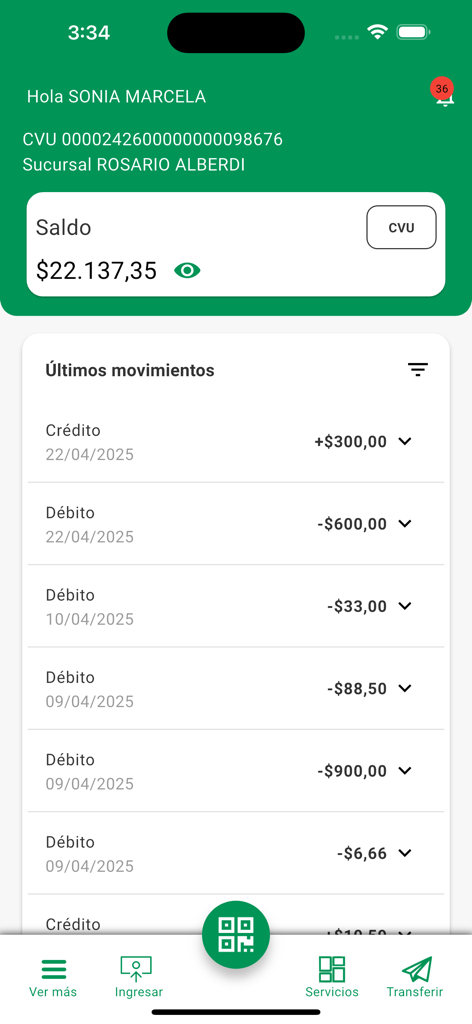 Billetera Virtual AMA - Billetera Virtual AMA app interface displaying account balance and a list of recent transactions