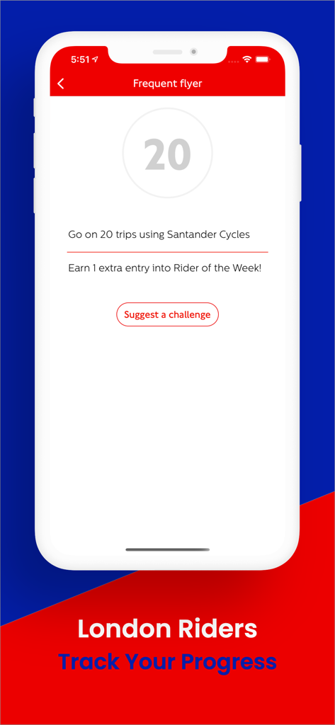 Santander Cycles - Santander Cyclesアプリのフリークエントフライヤーチャレンジ画面に、賞品抽選へのエントリーを獲得するための20回のライドに向けた進捗状況が表示されています