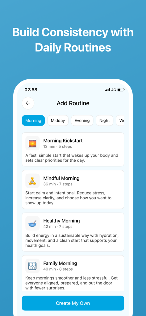 Daily Goal Tracker & Organizer - A mobile app interface showing a list of morning routine options like Mindful Morning and Healthy Morning for daily goal tracking