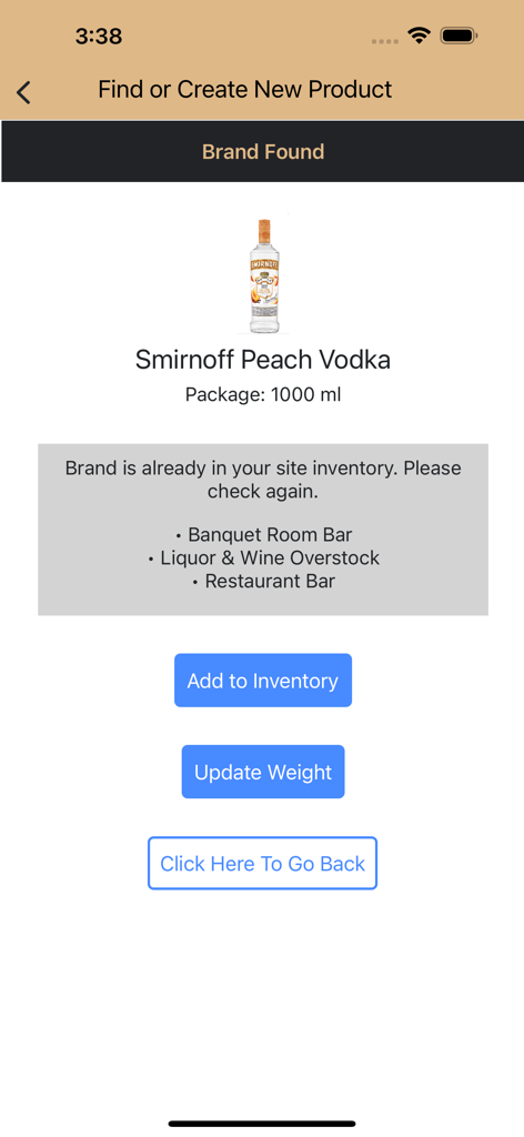 Barventory app screen showing Smirnoff Peach Vodka product details and existing inventory locations