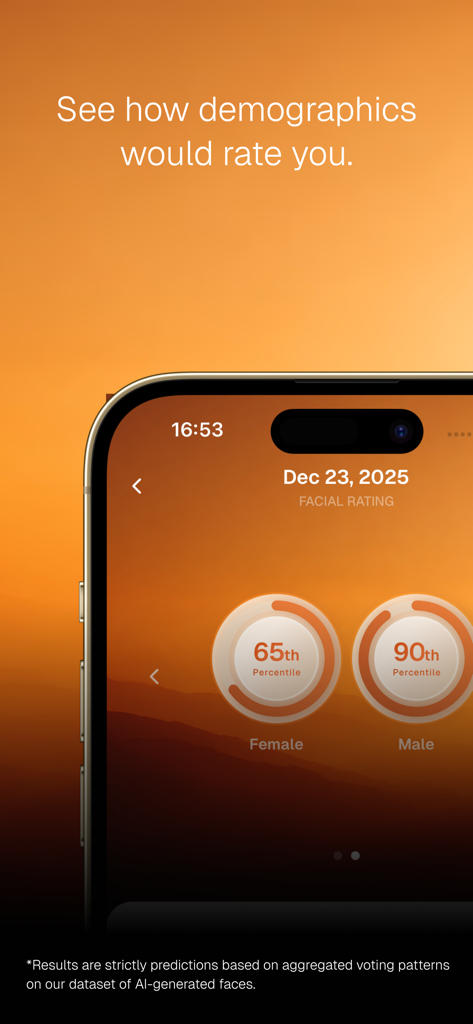 Areum - Interfaz de la aplicación Areum que muestra los percentiles de calificación de atractivo facial para las demografías masculina y femenina