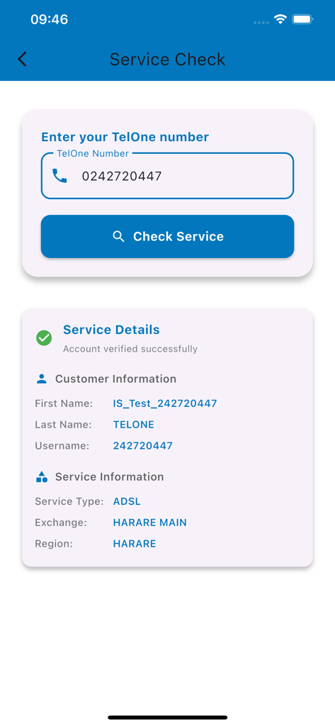 My Telone V3 - ハラレのADSL接続に関する顧客情報やサービス情報を含む、確認済みの詳細アカウントを表示するMy Telone V3アプリのサービスチェック画面のスクリーンショット。