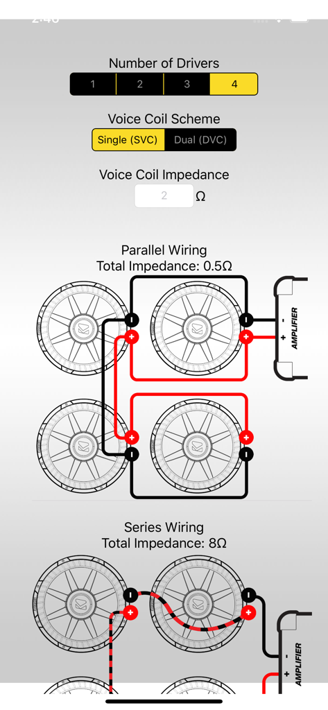 Kicker U - Subwoofer wiring diagram and impedance calculator interface in the Kicker U mobile app