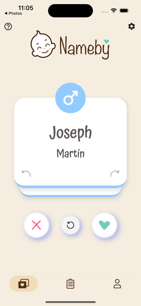 Baby Names by Nameby - Mobile interface of the Baby Names by Nameby app showing a card for the boy name Joseph with surname visualization and selection buttons.