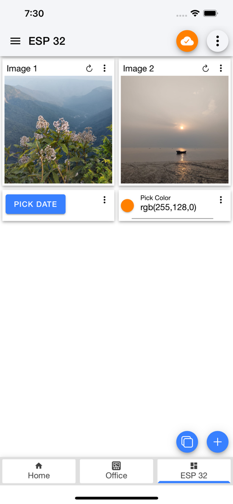 IoT MQTT Panel Pro - A smart home dashboard interface for an ESP32 device featuring image panels, a date picker, and color selection tools.