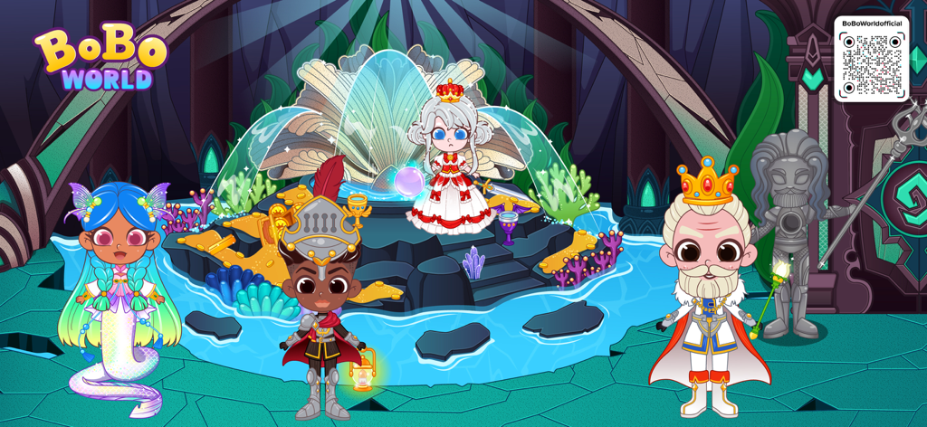 BoBo World: The Little Mermaid - BoBo Worldアプリの、海中の噴水の設定で、人魚の騎士や王様を含むカートゥーンキャラクター。