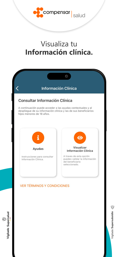 Compensar Salud - Écran de l'application Compensar Salud affichant les options d'informations cliniques pour consulter les dossiers médicaux et les guides d'aide.