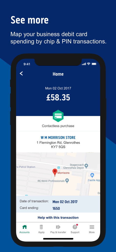 Aplicativo Bank of Scotland Business mostrando detalhes de transações com a localização no mapa de uma compra