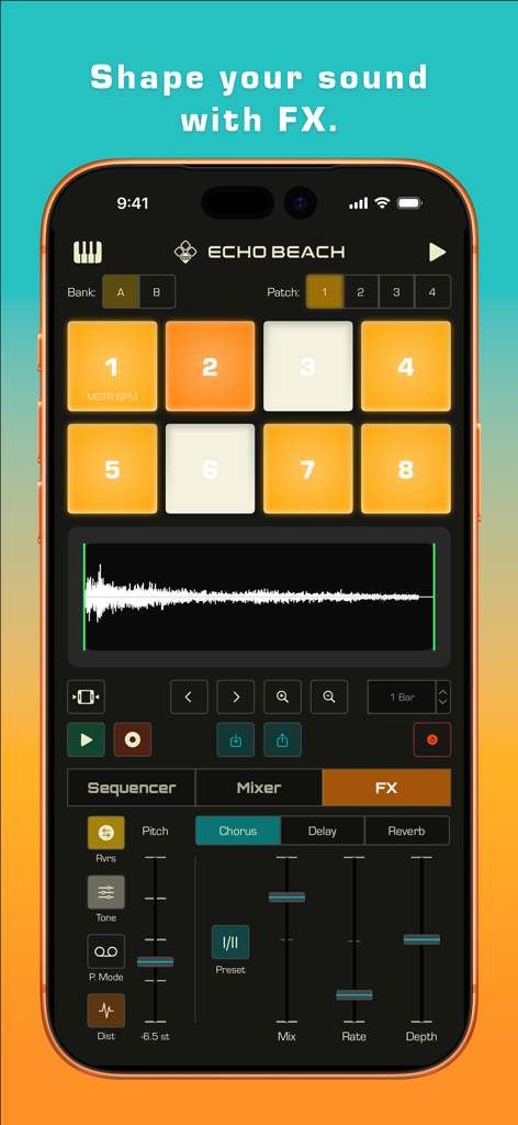 Echo Beach app interface showing the FX section with chorus controls and an 8-pad sampler layout.