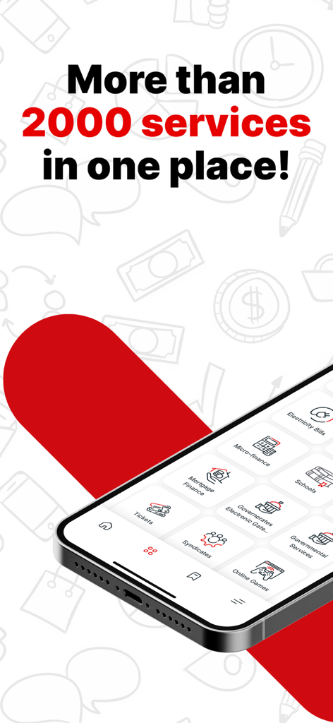 Basata app interface displaying various financial and utility payment services with a headline mentioning over 2000 services.